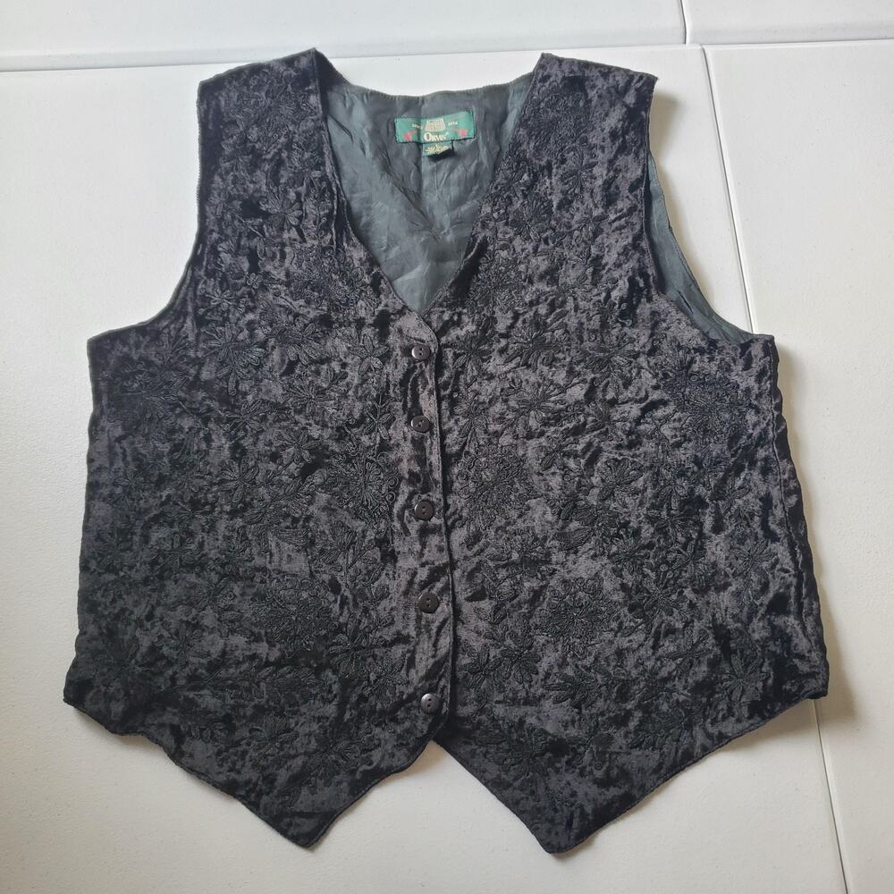 Orvis Vest Womens Large Black Velvet Floral Embroidered Whimsigoth Vampire